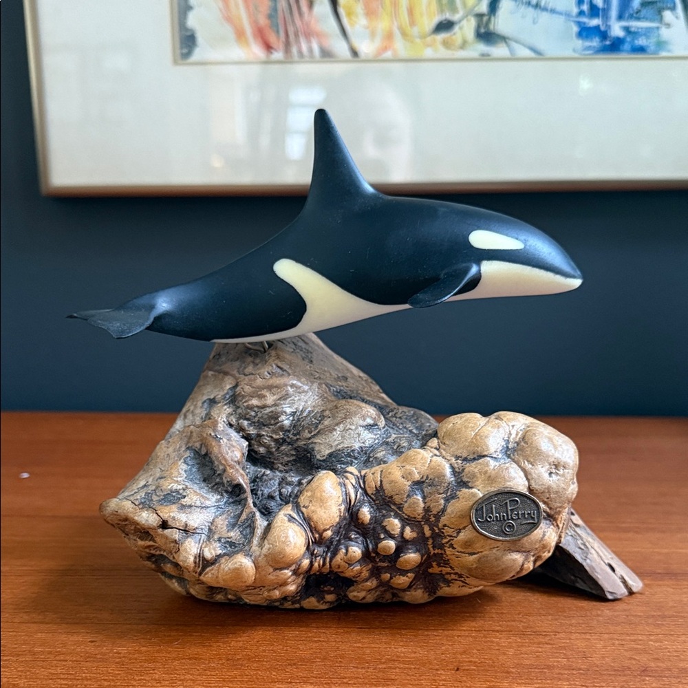 Killer Whale ORCA  by John Perry large long Sculpture Statue on burlwood base